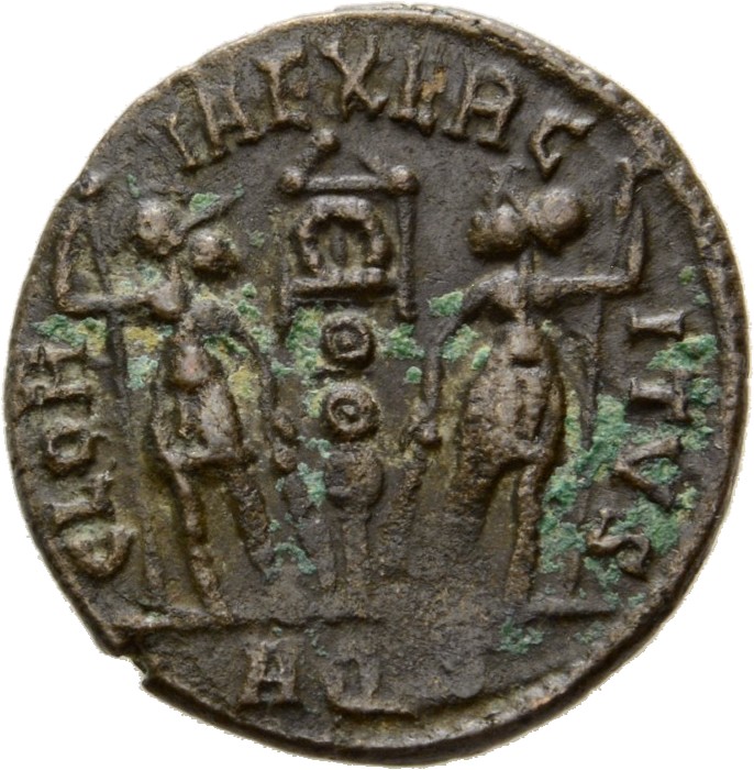 RIC VIII Aquileia 25 Constantine II reverse, Two soldiers, helmeted, draped, cuirassed, standing front, heads turned towar...