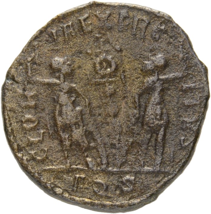 RIC VIII Aquileia 27 Constantine II reverse, Two soldiers, helmeted, draped, cuirassed, standing front, heads turned towar...