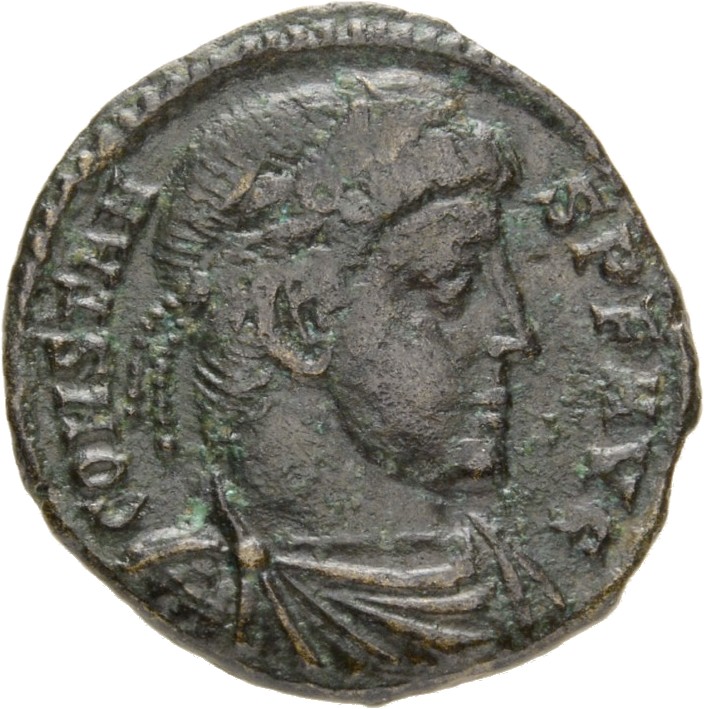 RIC VIII Aquileia 27 Constantine II obverse, Bust of Constans, laureate, rosette-diademed, draped, cuirassed, right