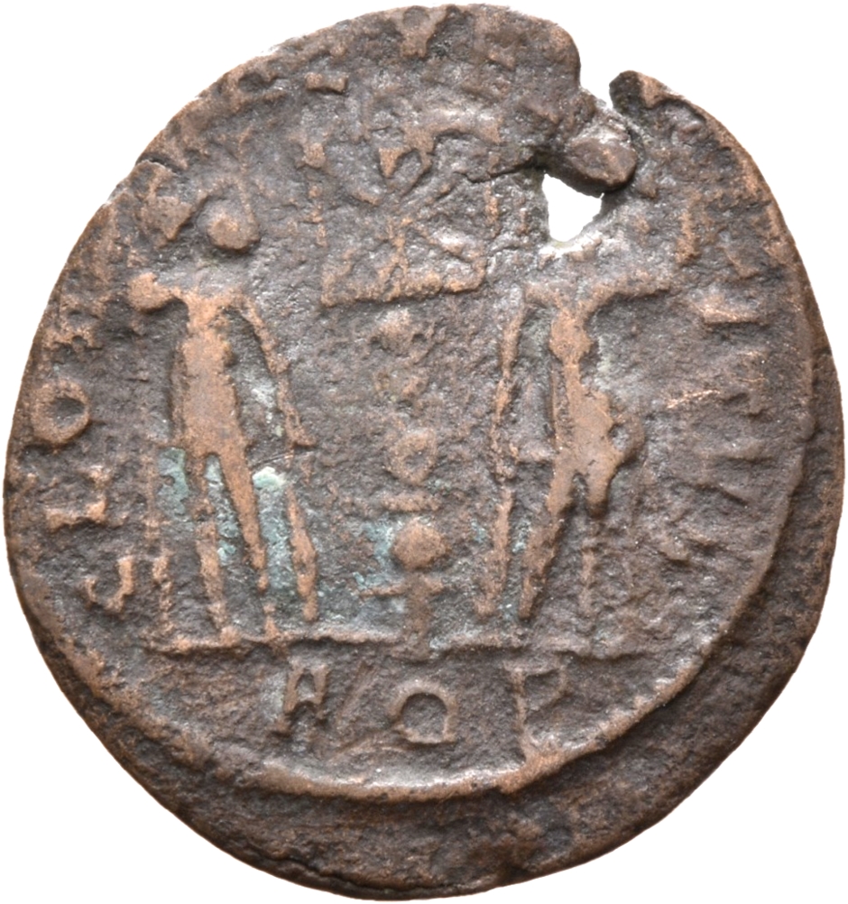 RIC VIII Aquileia 33 Constantine II reverse, Two soldiers, helmeted, draped, cuirassed, standing front, heads turned towar...