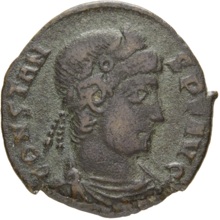RIC VIII Aquileia 34 Constantine II obverse, Bust of Constans, laureate, rosette-diademed, draped, cuirassed, right