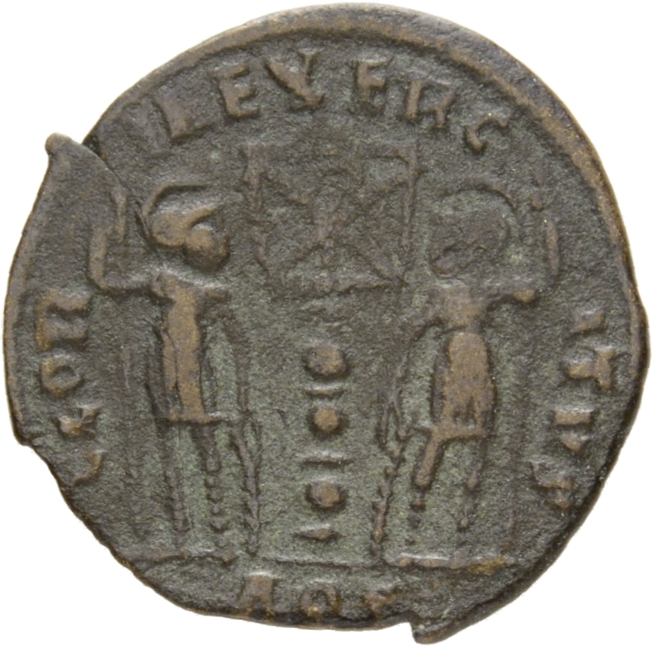 RIC VIII Aquileia 34 Constantine II reverse, Two soldiers, helmeted, draped, cuirassed, standing front, heads turned towar...