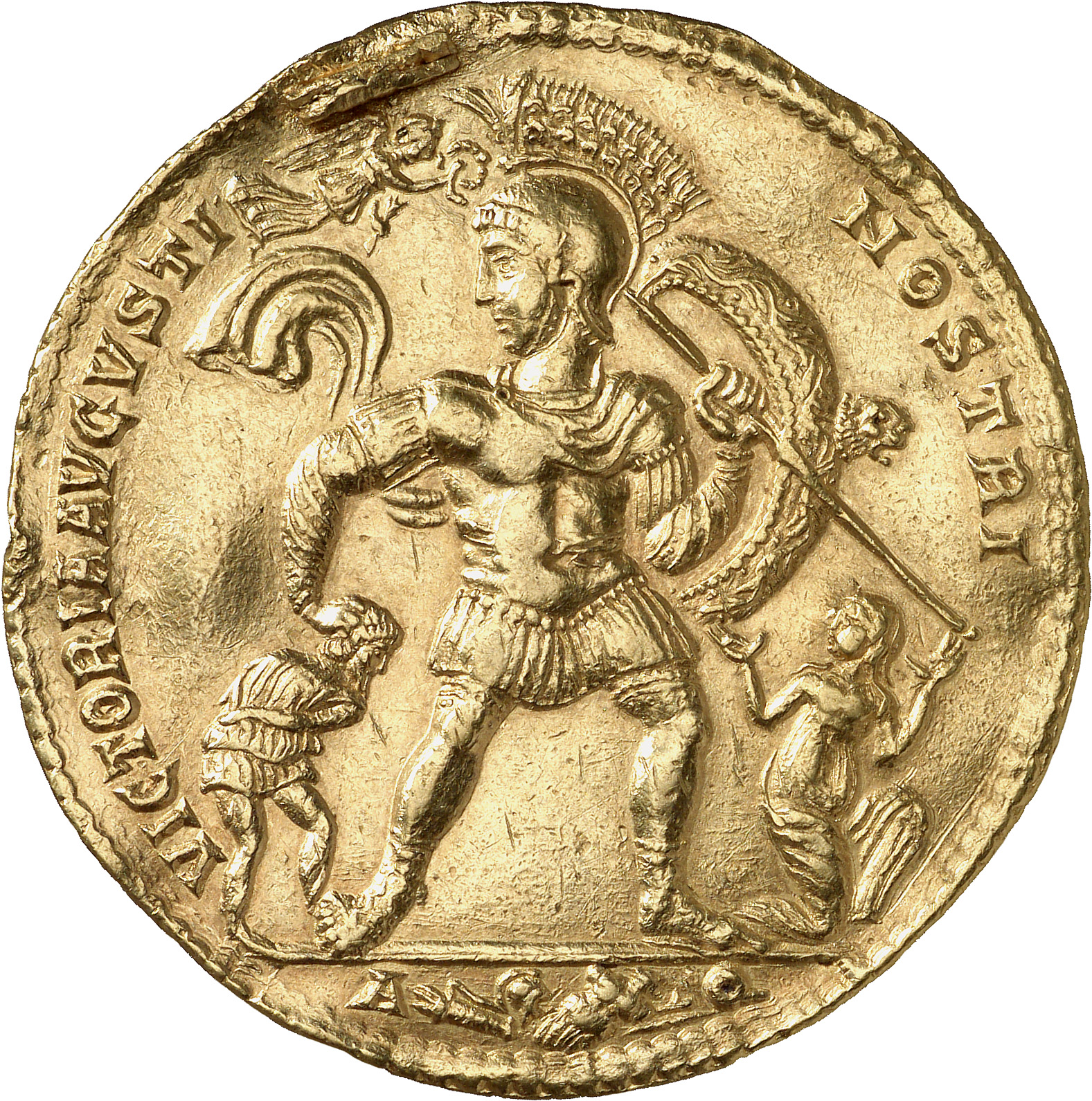 RIC VIII Aquileia 35 Constans reverse, Constans, helmeted, crowned by small Victory, draped, cuirassed, advancing right, h...