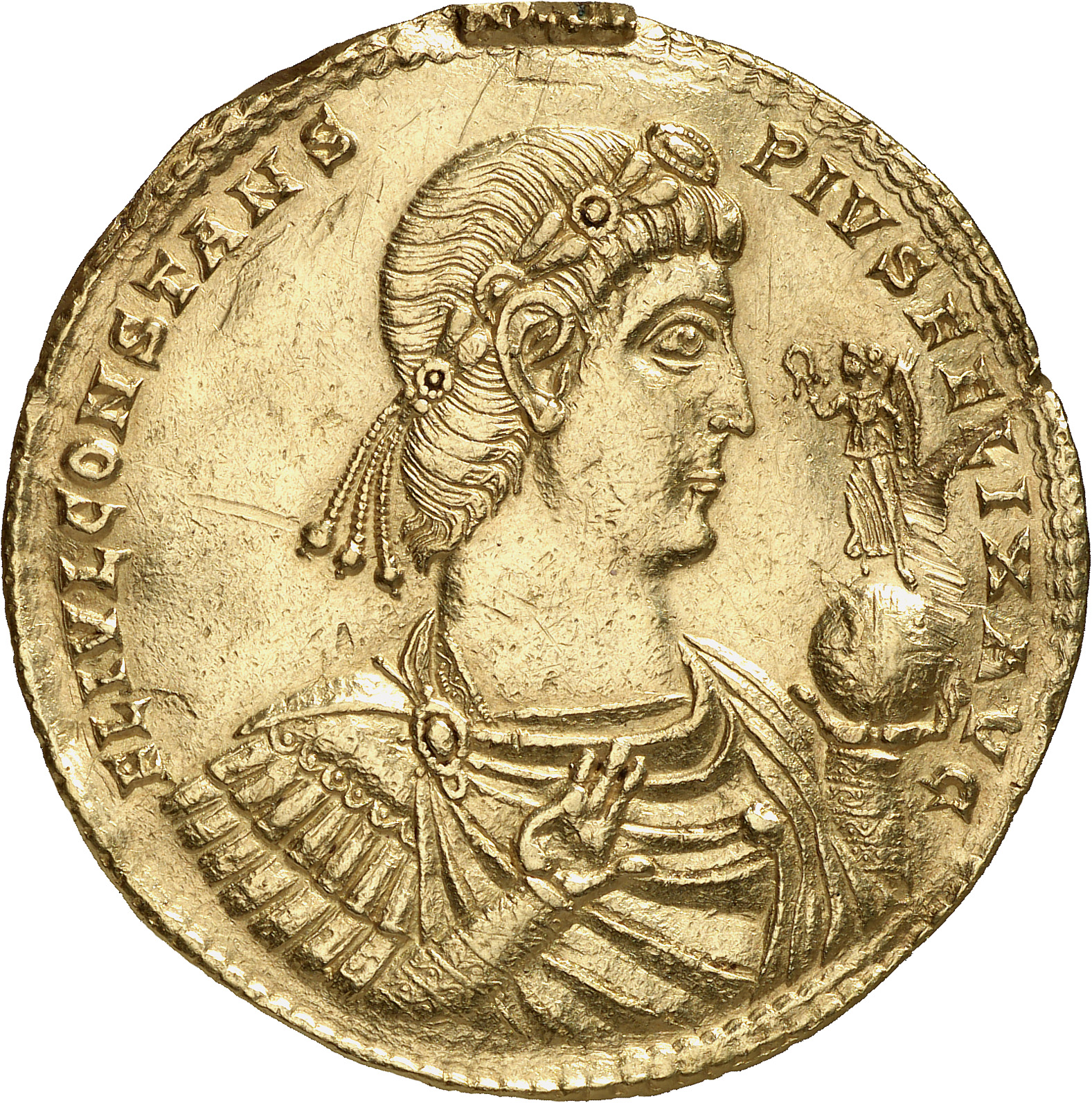 RIC VIII Aquileia 35 Constans obverse, Bust of Constans, laureate, rosette-diademed, draped, right, holding cornucopiae on...