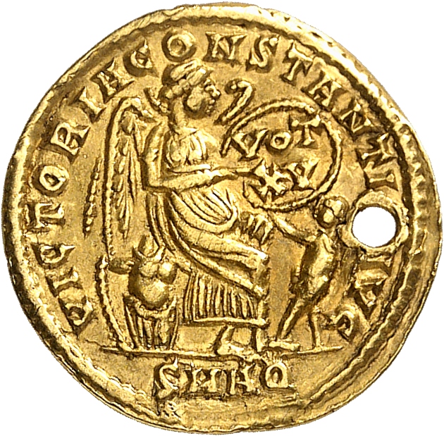 RIC VIII Aquileia 41 Constans reverse, Victory, winged, draped, seated right on cuirass, supporting a shield inscribed VOT...