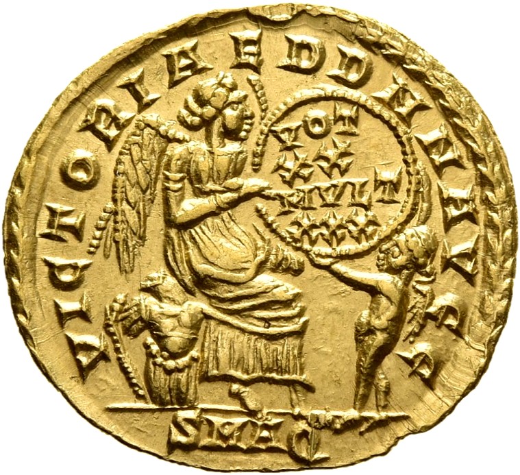 RIC VIII Aquileia 44 Constans reverse, Victory, winged, draped, seated right on cuirass, supporting a shield inscribed VOT...