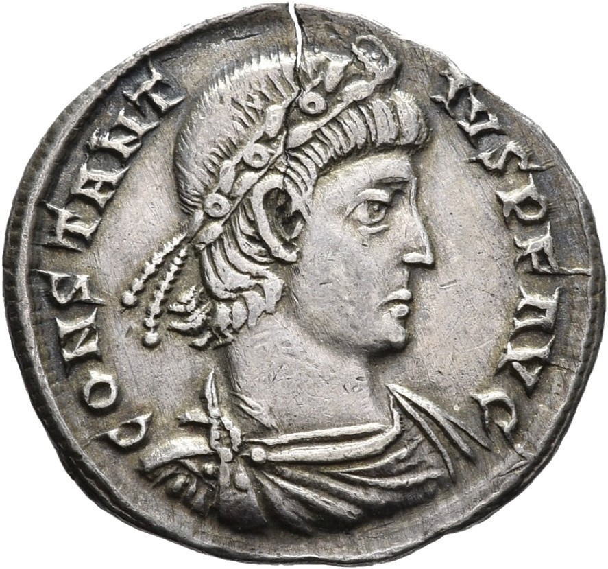 RIC VIII Aquileia 60 Constans obverse, Bust of Constantius II, laureate, rosette-diademed, draped, cuirassed, right