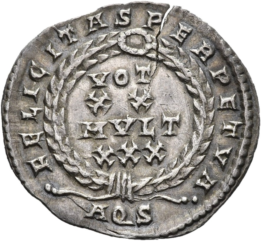 RIC VIII Aquileia 60 Constans reverse, VOT/XX/MVLT/XXX within a laurel wreath