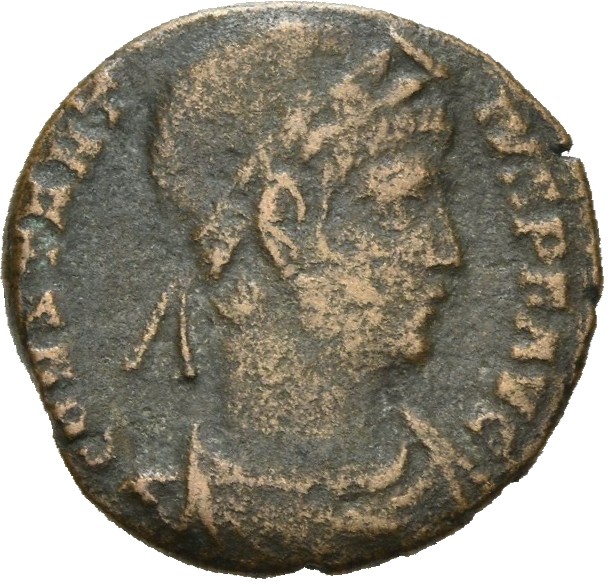 RIC VIII Aquileia 76 Constans obverse, Bust of Constantius II, laureate, rosette-diademed, draped, cuirassed, right