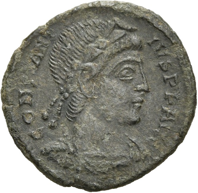 RIC VIII Aquileia 78 Constans obverse, Bust of Constantius II, laureate, rosette-diademed, draped, cuirassed, right