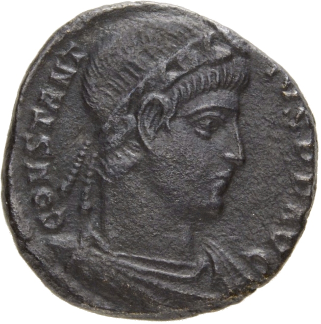 RIC VIII Aquileia 86 Constans obverse, Bust of Constantius II, laureate, rosette-diademed, draped, cuirassed, right