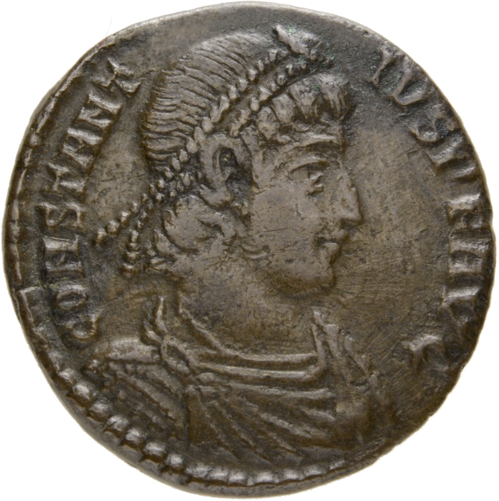 RIC VIII Aquileia 97 Constans obverse, Bust of Constantius II, pearl-diademed, draped, cuirassed, right