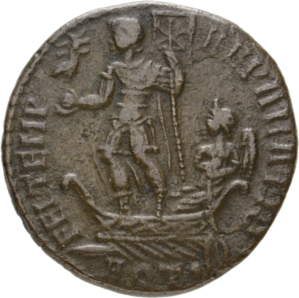 RIC VIII Aquileia 97 Constans reverse, Constantius II, draped, cuirassed, standing left on galley, holding phoenix on glob...