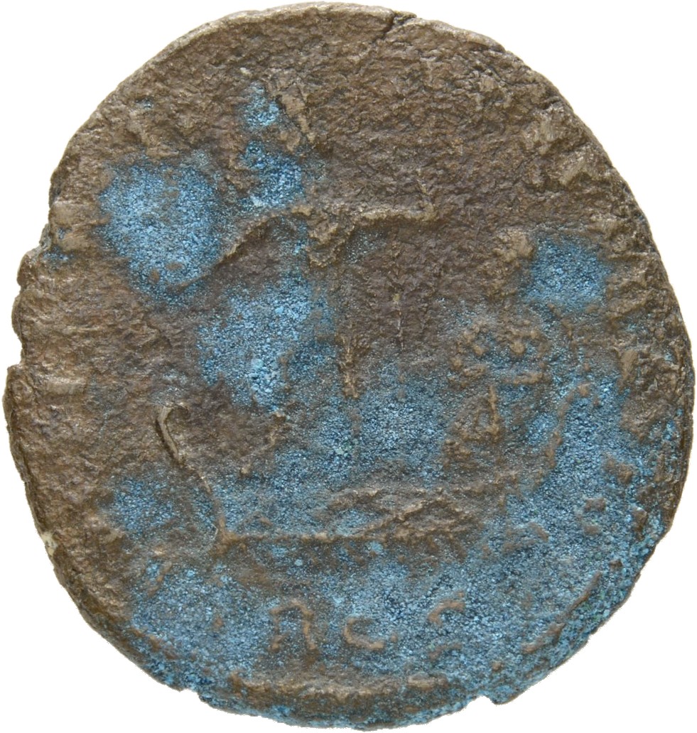 RIC VIII Aquileia 98 Constans reverse, Constantius II, draped, cuirassed, standing left on galley, holding phoenix on glob...