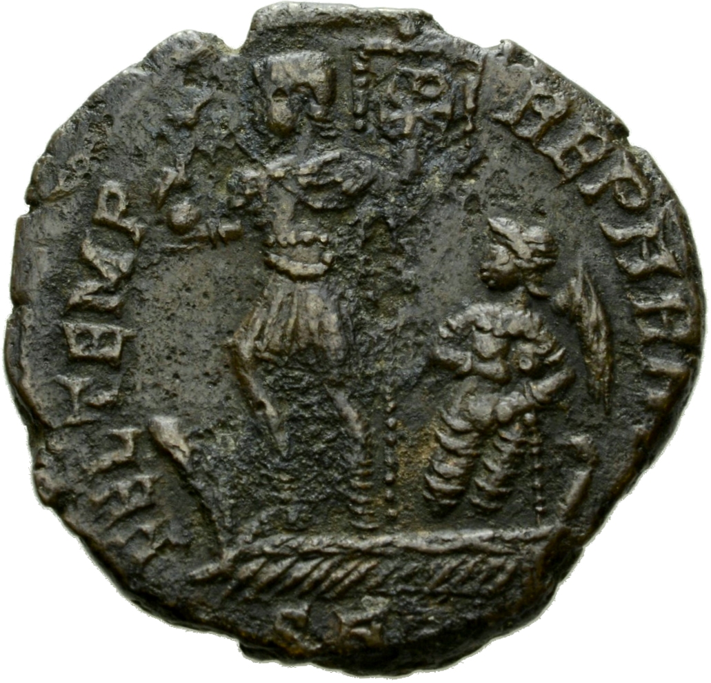 RIC VIII Arelate 100 Constans reverse, Constans, draped, cuirassed, standing left on galley, holding phoenix on globe in r...