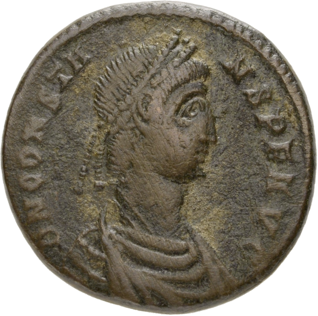 RIC VIII Arelate 100 Constans obverse, Bust of Constans, pearl-diademed, draped, cuirassed, right