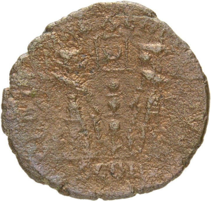 RIC VIII Arelate 12 Constantine II reverse, Two soldiers, helmeted, draped, cuirassed, facing front, heads toward each oth...