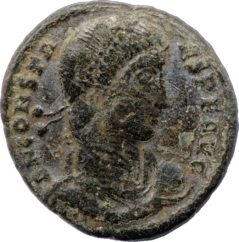 RIC VIII Arelate 122 Constans obverse, Bust of Constantius II, laureate, rosette-diademed, draped, cuirassed, right; A beh...