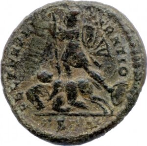 RIC VIII Arelate 122 Constans reverse, Soldier, helmeted, draped, cuirassed, advancing left, spearing fallen horseman with...