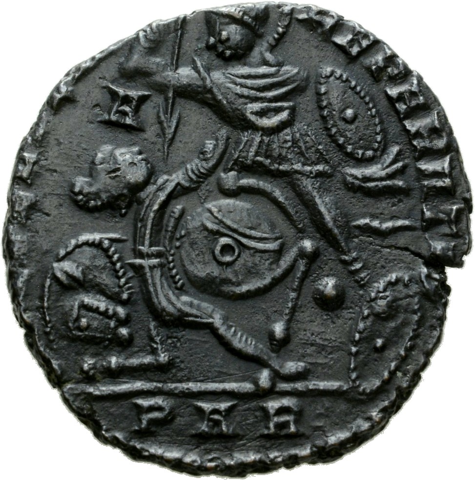 RIC VIII Arelate 141 Magnentius reverse, Soldier, helmeted, draped, cuirassed, advancing left, spearing fallen horseman wi...