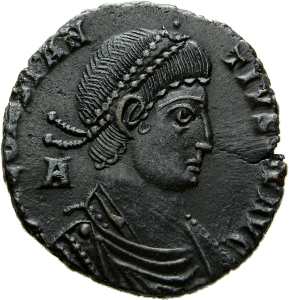RIC VIII Arelate 141 Magnentius obverse, Bust of Constantius II, pearl-diademed, draped, cuirassed, right; A behind bust