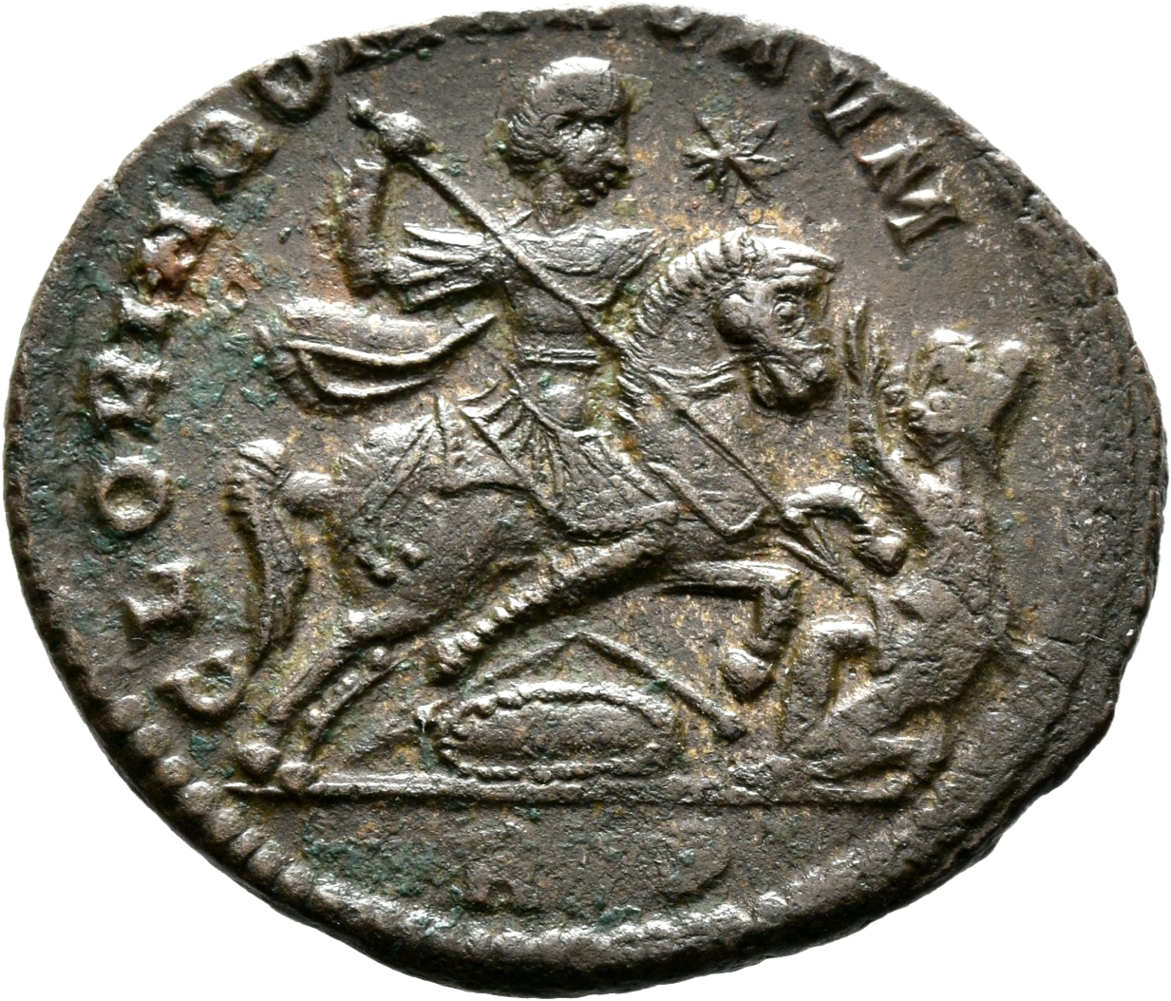 RIC VIII Arelate 149 Magnentius reverse, Constantius II, draped, cuirassed, galloping right, spearing kneeling barbarian w...