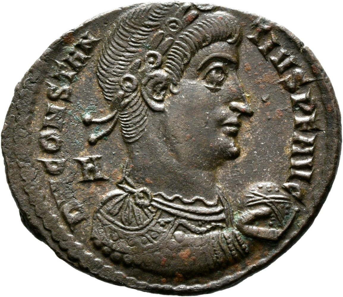RIC VIII Arelate 149 Magnentius obverse, Bust of Constantius II, pearl-diademed, draped, cuirassed, right; A behind bust