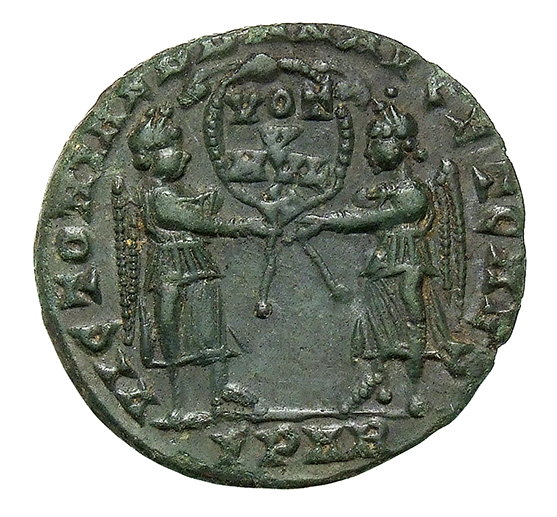 RIC VIII Arelate 167 Magnentius reverse, Two Victories, winged, draped, facing each other, holding between them a wreath i...