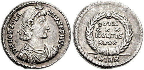 RIC VIII Arelate 17 Constantine II obverse, Bust of Constantine I, veiled, draped, cuirassed, right