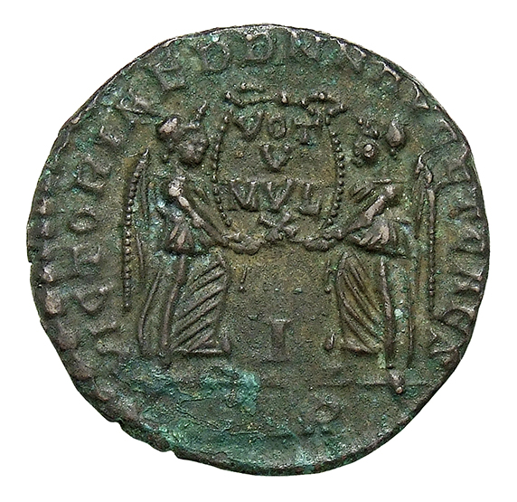 RIC VIII Arelate 172 Magnentius reverse, Two Victories, winged, draped, facing each other, holding between them a wreath i...