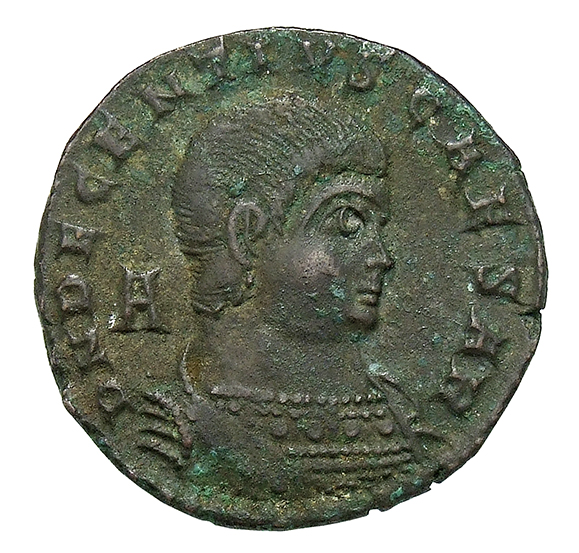 RIC VIII Arelate 172 Magnentius obverse, Bust of Decentius, bareheaded, cuirassed, right; A behind bust
