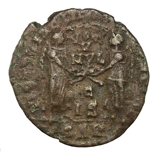 RIC VIII Arelate 182 Magnentius reverse, Two Victories, winged, draped, facing each other, holding between them a wreath i...