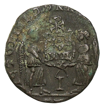 RIC VIII Arelate 185 Magnentius reverse, Two Victories, winged, draped, facing each other, holding between them a wreath i...