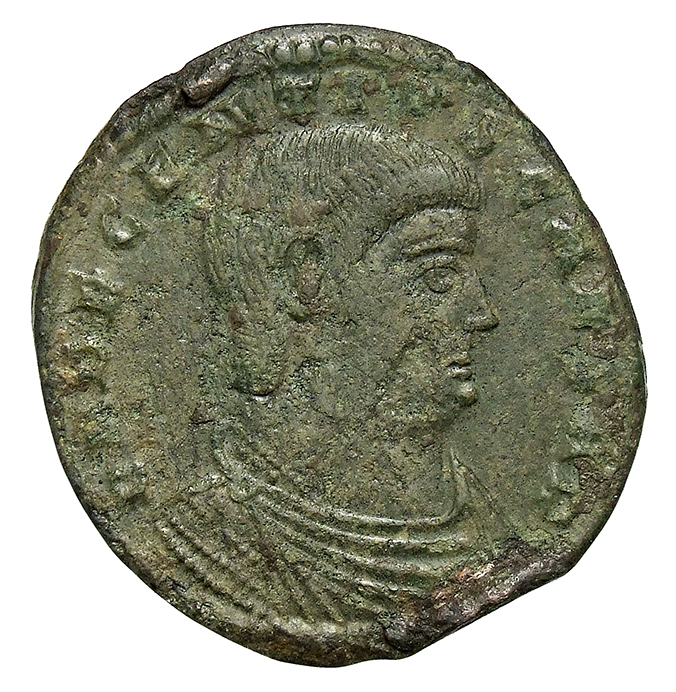 RIC VIII Arelate 191 Magnentius obverse, Bust of Decentius, bareheaded, draped, cuirassed, right