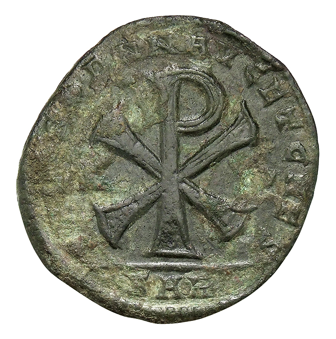 RIC VIII Arelate 191 Magnentius reverse, ☧ flanked by A and ω