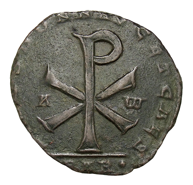 RIC VIII Arelate 196 Magnentius reverse, ☧ flanked by A and ω