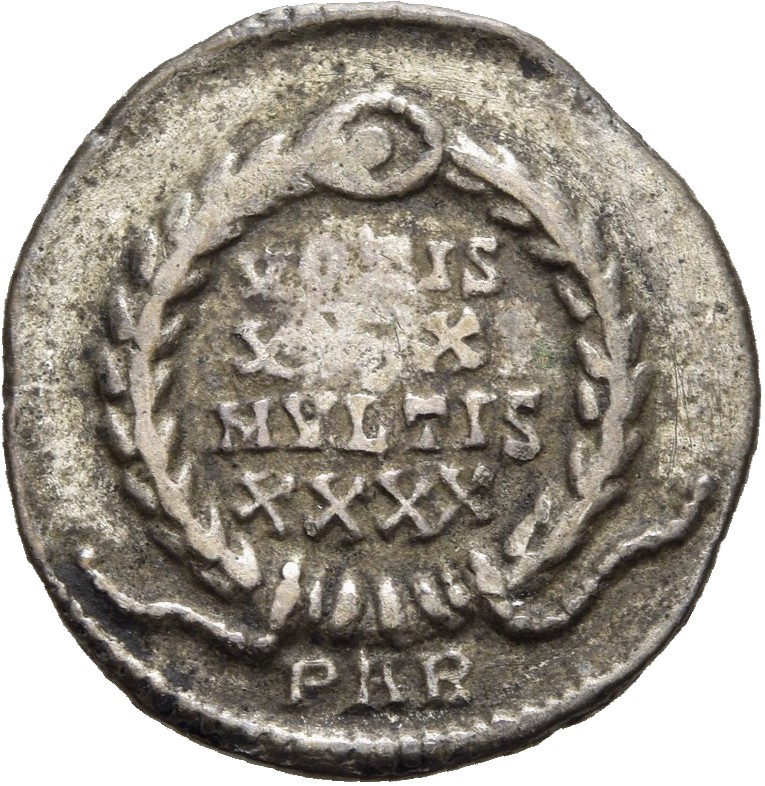 RIC VIII Arelate 203 Constantius II reverse, VOTIS/XXX/MVLTIS/XXXX within a wreath