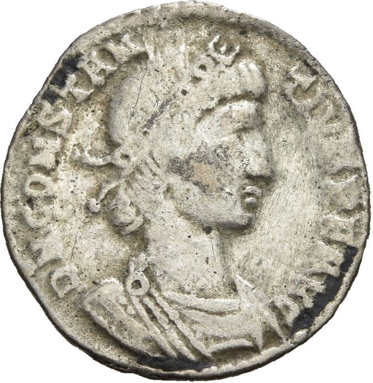 RIC VIII Arelate 203 Constantius II obverse, Bust of Constantius II, pearl-diademed, draped, cuirassed, right