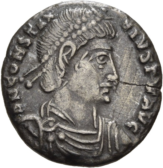RIC VIII Arelate 207 Constantius II obverse — Bust of Constantius II, pearl-diademed, draped, cuirassed, right