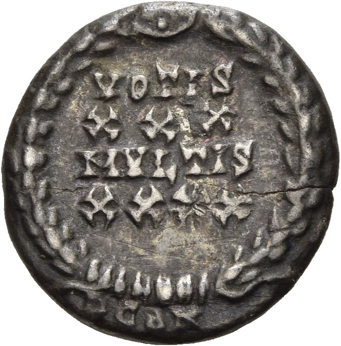RIC VIII Arelate 207 Constantius II reverse — VOTIS/XXX/MVLTIS/XXXX within a wreath