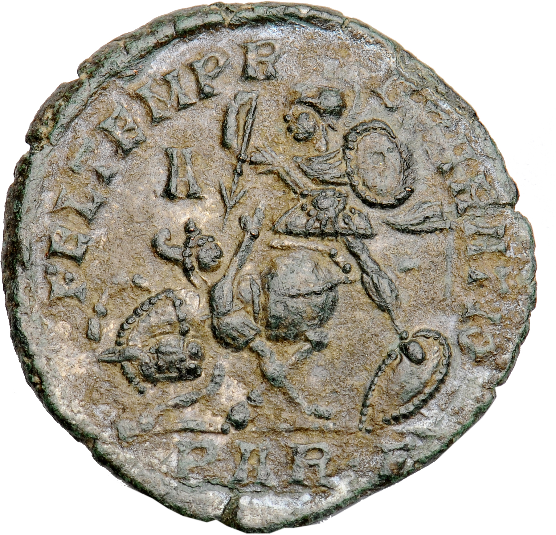 RIC VIII Arelate 214 Constantius II reverse, Soldier, helmeted, draped, cuirassed, advancing left, spearing fallen horsema...