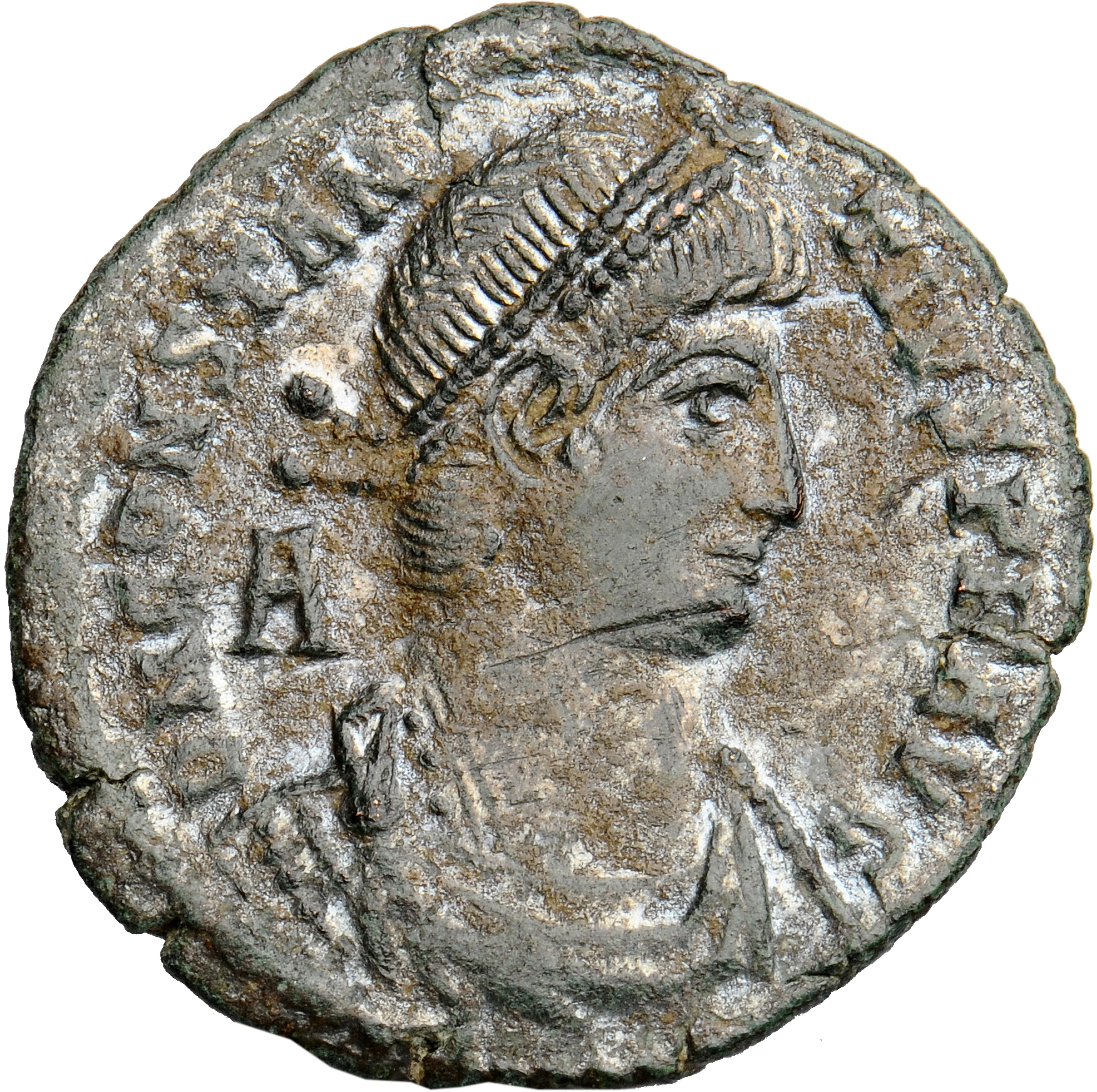 RIC VIII Arelate 214 Constantius II obverse, Bust of Constantius II, pearl-diademed, draped, cuirassed, right