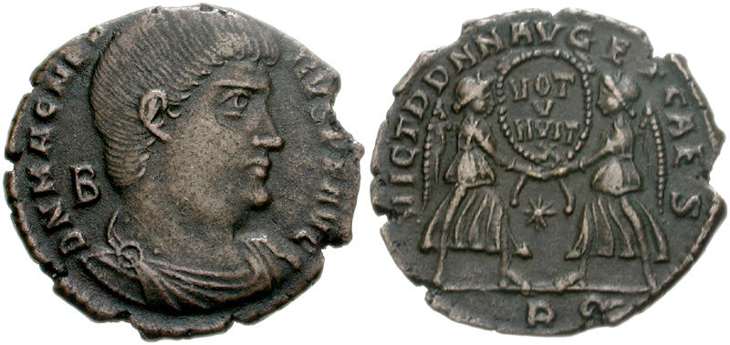 RIC VIII Arelate 216 Constantius II obverse, Bust of Constantius II, laureate, rosette-diademed, draped, cuirassed, right