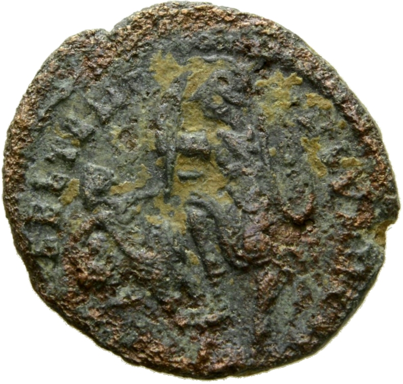 RIC VIII Arelate 217 Constantius II reverse, Soldier, helmeted, draped, cuirassed, advancing left, spearing fallen horsema...