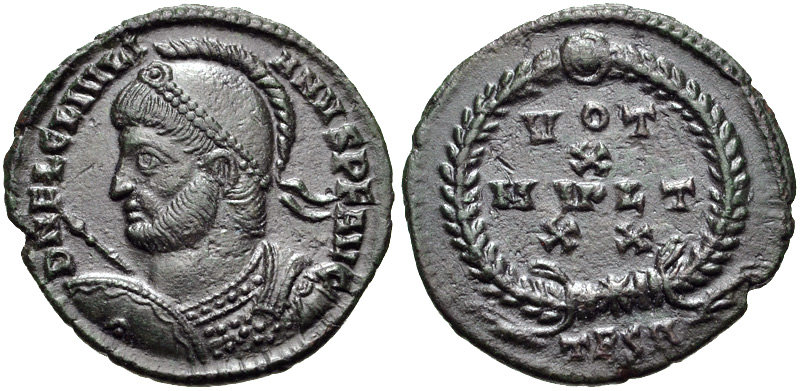 RIC VIII Arelate 228 Constantius II obverse, Bust of Constantius II, laureate, rosette-diademed, wearing consular robes, l...