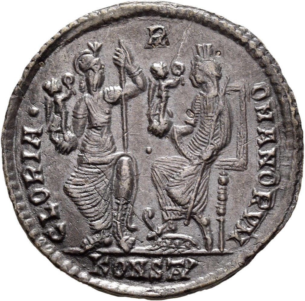 RIC VIII Arelate 231 Constantius II reverse, Roma, helmeted, draped, enthroned front, and Constantinopolis, draped, enthro...