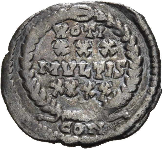 RIC VIII Arelate 258 Constantius II reverse, VOTIS/XXX/MVLTIS/XXXX within a wreath