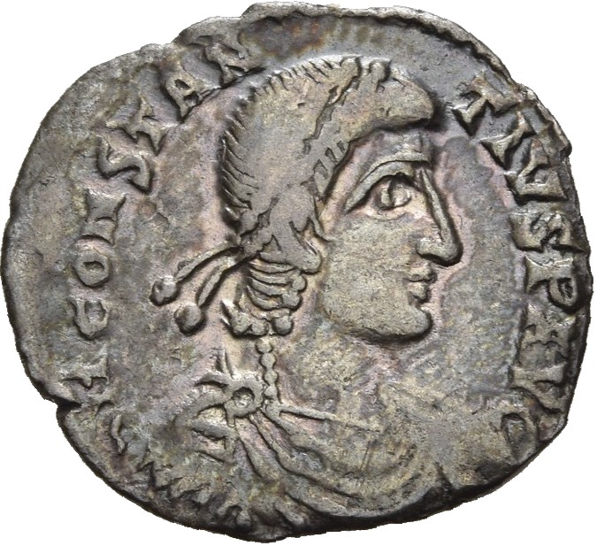 RIC VIII Arelate 258 Constantius II obverse, Bust of Constantius II, pearl-diademed, draped, cuirassed, right