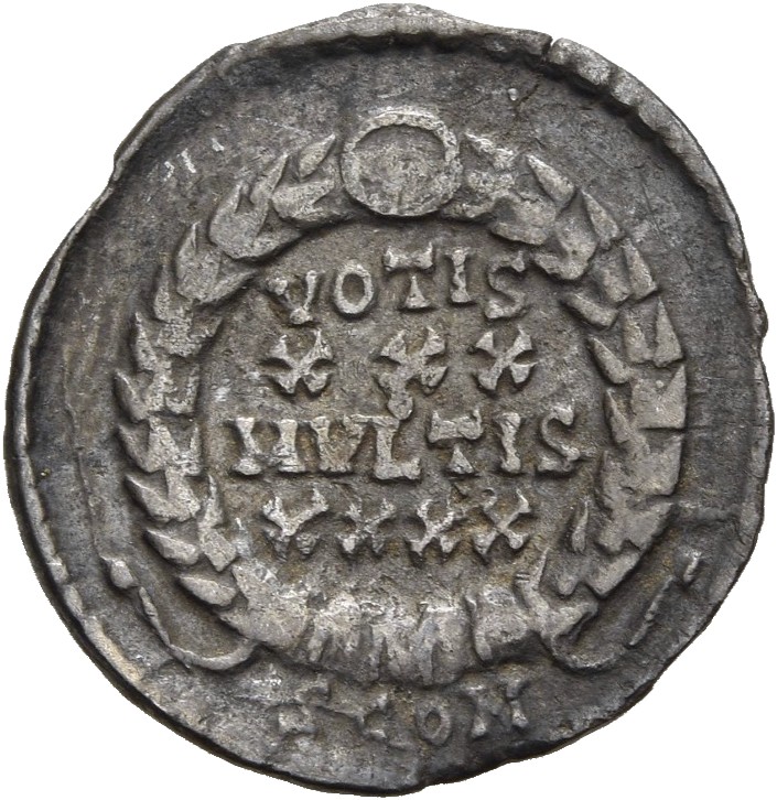 RIC VIII Arelate 261 Constantius II reverse — VOTIS/XXX/MVLTIS/XXXX within a wreath