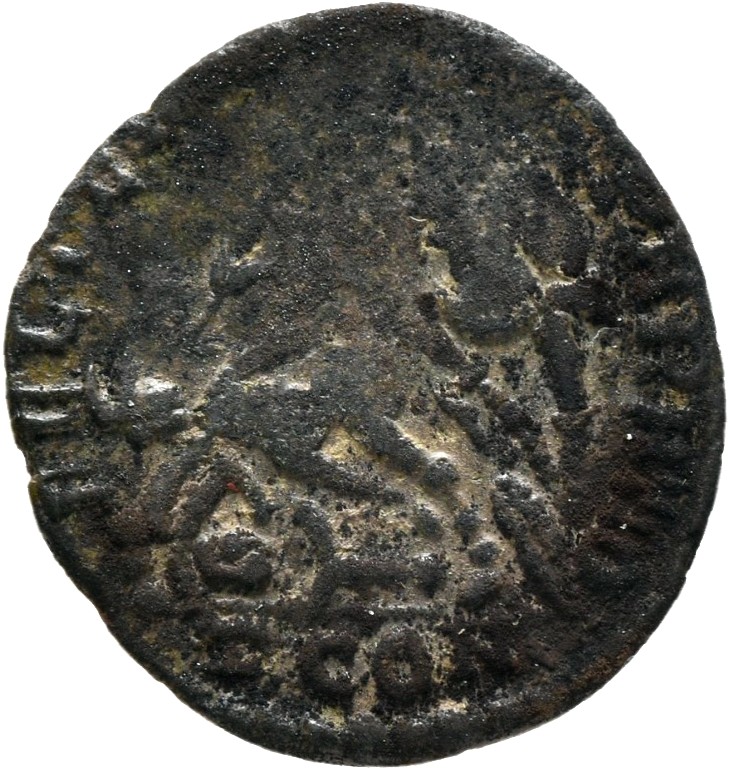 RIC VIII Arelate 270 Constantius II reverse, Soldier, helmeted, draped, cuirassed, advancing left, spearing fallen horsema...